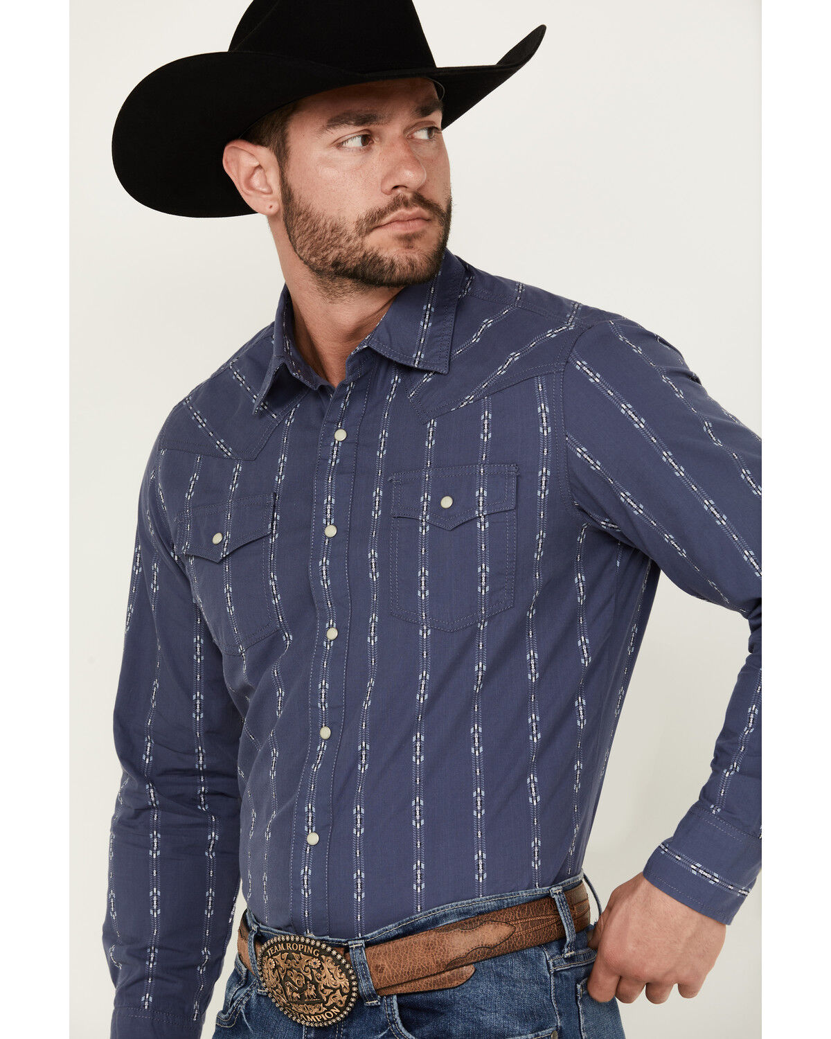 Image #2 - Wrangler Retro Men's Premium Linear Print Long Sleeve Snap Western Shirt, Blue, hi-res