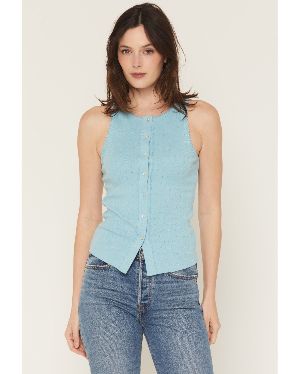 Image #1 - Blue Life Women's Evie Button-Up Pointelle Tank, Blue, hi-res