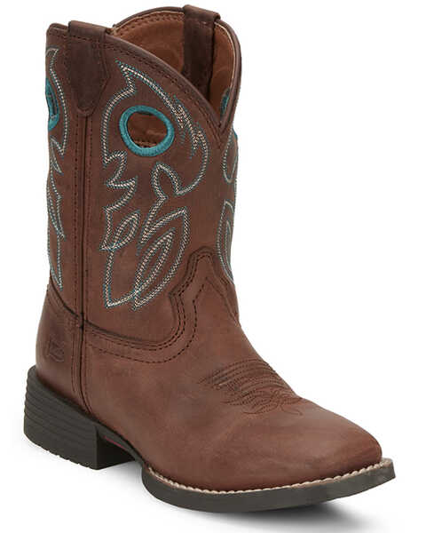 Image #1 - Justin Boys' Bowline Junior Western Boots - Broad Square Toe, Chocolate/turquoise, hi-res