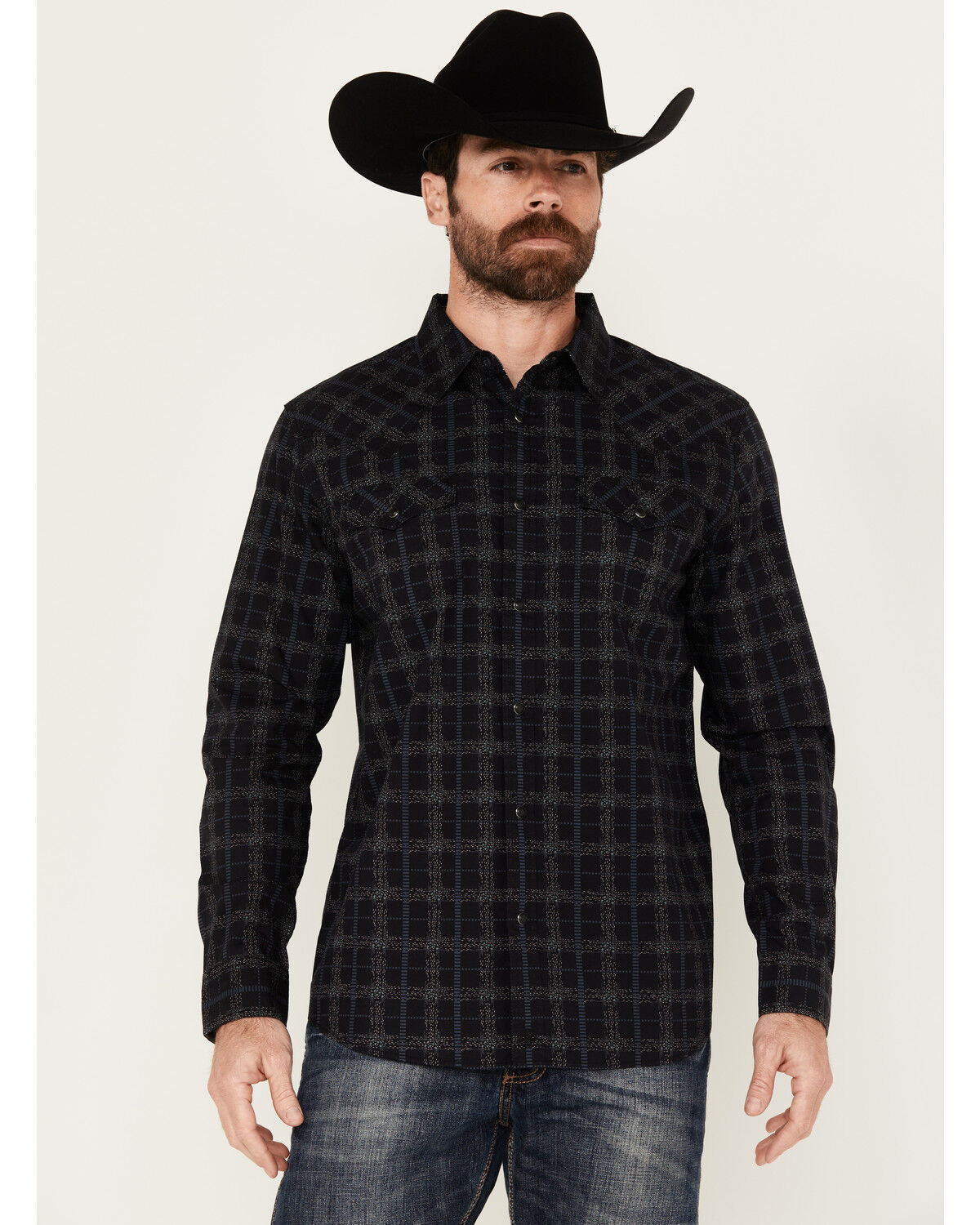 Image #1 - Moonshine Spirit Men's Shooting Star Plaid Print Long Sleeve Snap Western Shirt, Black, hi-res