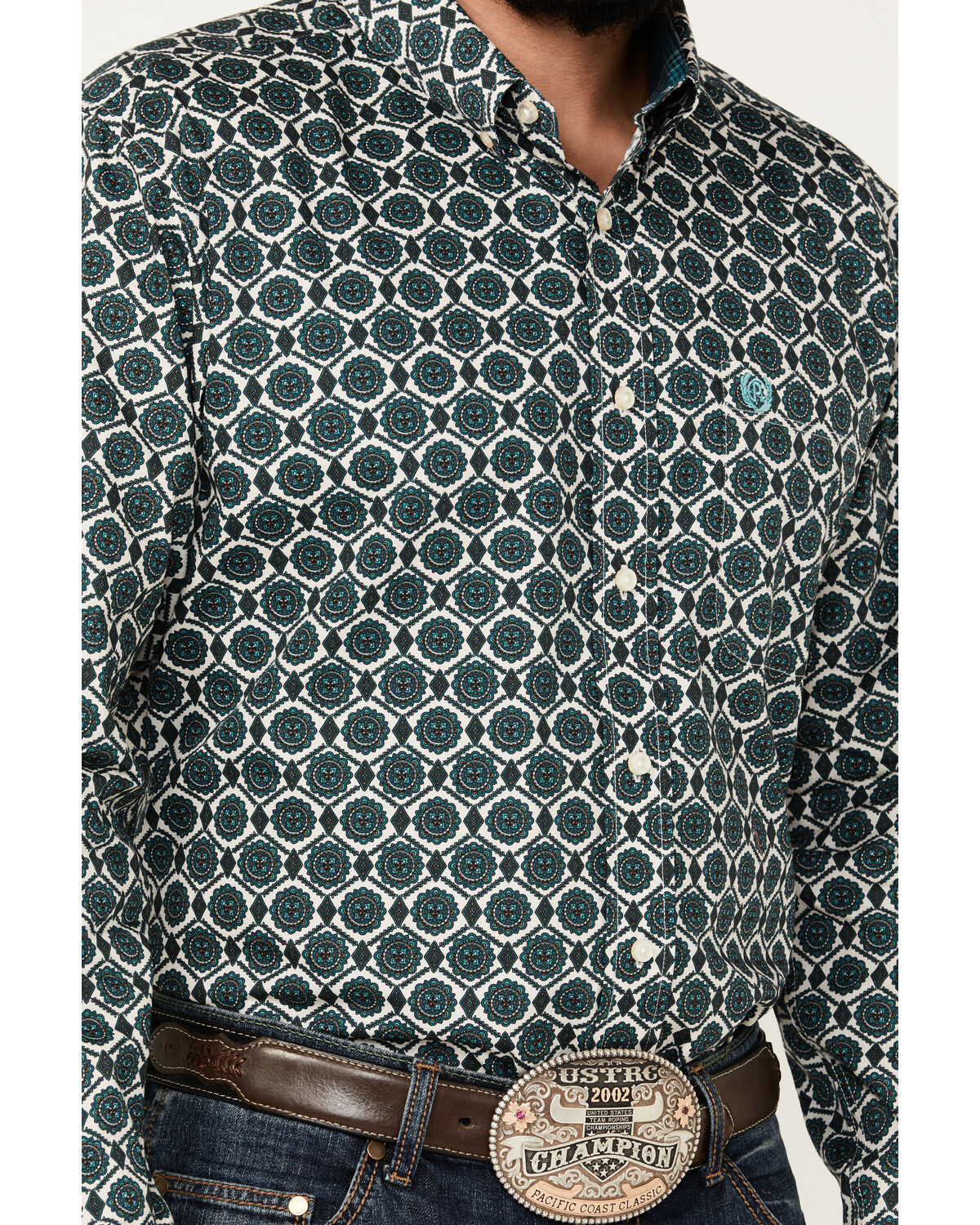 Image #3 - Panhandle Men's Select Medallion Long Sleeve Button-Down Western Shirt, Dark Green, hi-res
