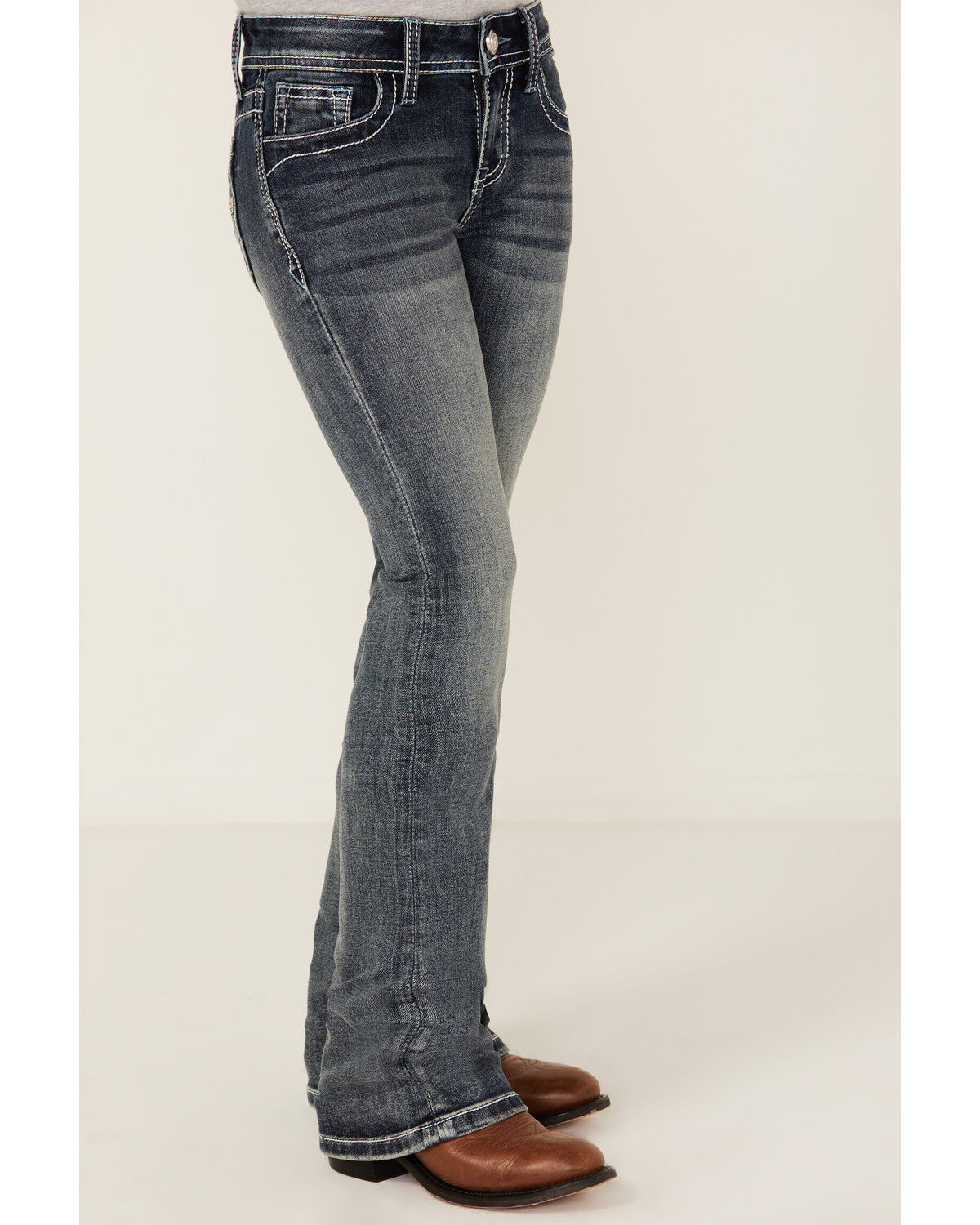 Image #4 - Grace in LA Girls' Medium Wash Embroidered Pocket Bootcut Stretch Denim Jeans, Medium Wash, hi-res
