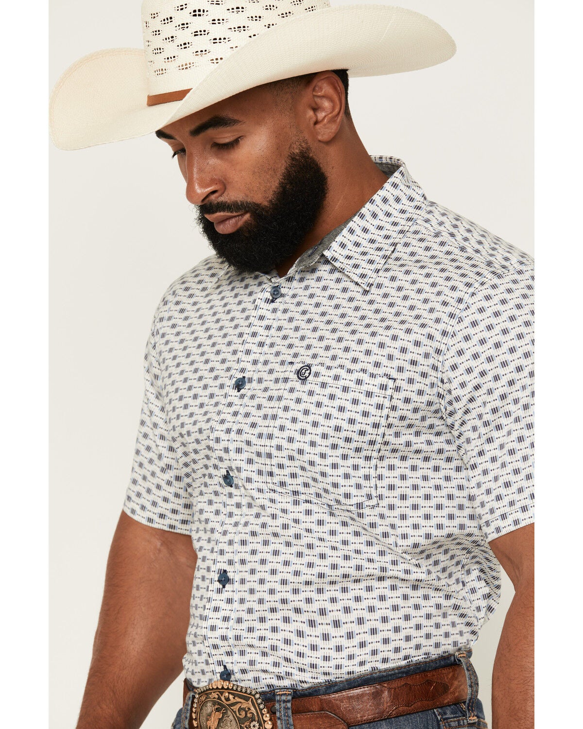 Image #2 - Cody James Men's Re Ride Geo Print Short Sleeve Button-Down Stretch Western Shirt, Ivory, hi-res