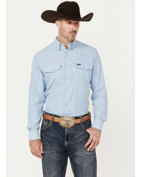 Wrangler Men's Solid Long Sleeve Snap Performance Western Shirt, Blue, hi-res