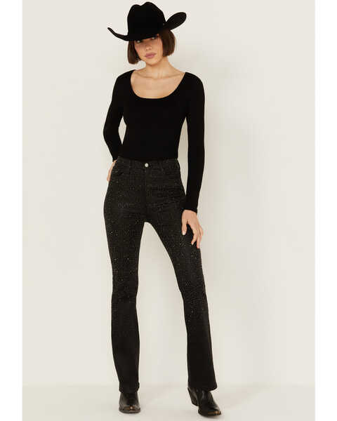 Image #1 - Vibrant Denim Women's Rhinestone High Rise Bootcut Denim Jeans , Black, hi-res