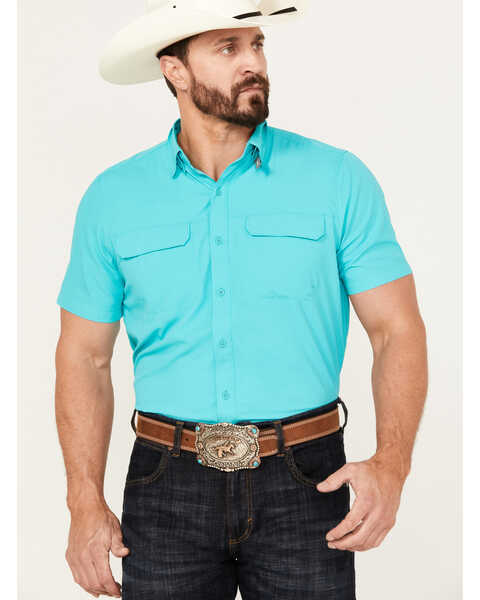 Image #1 - Ariat Men's VentTEK Outbound Solid Fitted Short Sleeve Performance Shirt, Turquoise, hi-res