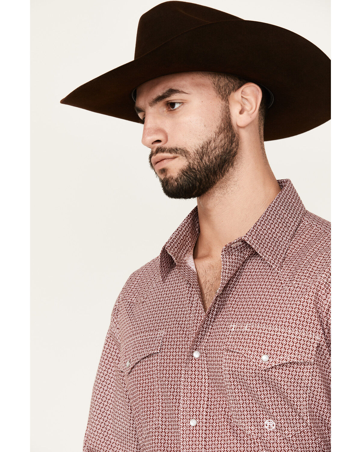 Image #2 - Roper Men's Amarillo Geo Print Long Sleeve Snap Stretch Western Shirt, Burgundy, hi-res