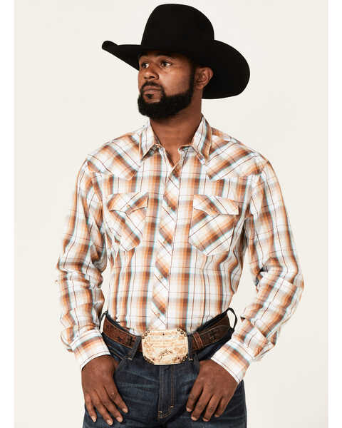 Image #1 - Wrangler Men's Modern Fit Plaid Print Long Sleeve Snap Western Shirt, Brown, hi-res