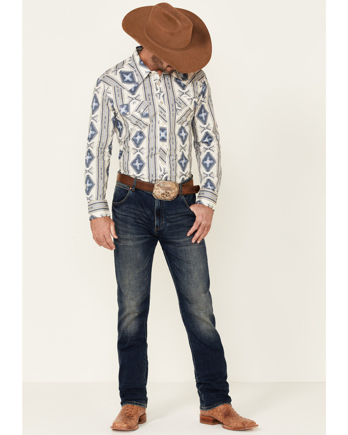 Image #2 - Rock & Roll Denim Men's Navy Southwestern Print Long Sleeve Snap Western Shirt, , hi-res