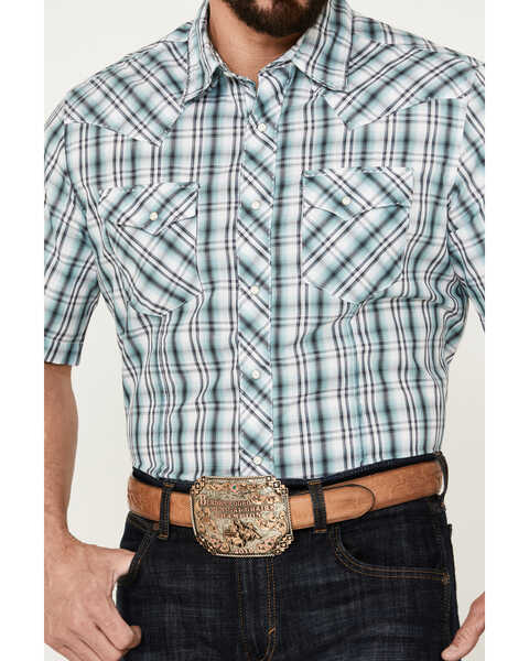 Image #3 - Wrangler Men's Plaid Print Short Sleeve Snap Western Shirt, Teal, hi-res