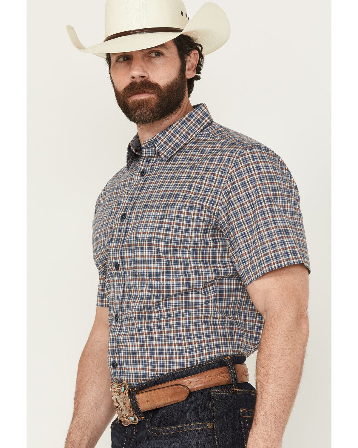 Image #2 - Cody James Men's Wildlife Plaid Print Short Sleeve Button-Down Stretch Western Shirt, Blue, hi-res