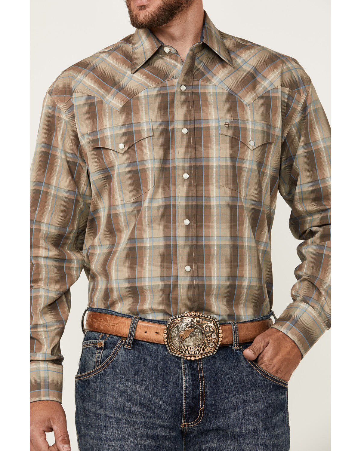 Image #3 - Stetson Men's Plaid Print Long Sleeve Pearl Snap Western Shirt, Lt Brown, hi-res