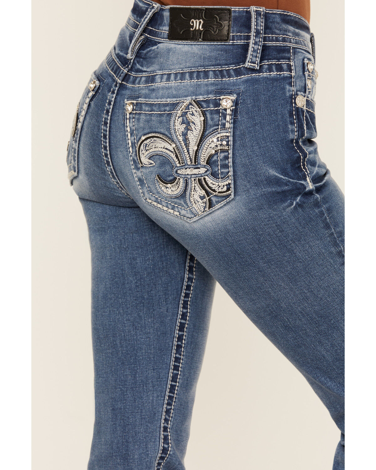 Image #2 - Miss Me Women's Medium Wash Mid Rise Fleur de Lis Pocket 32" Bootcut Stretch Denim Jeans, Medium Wash, hi-res