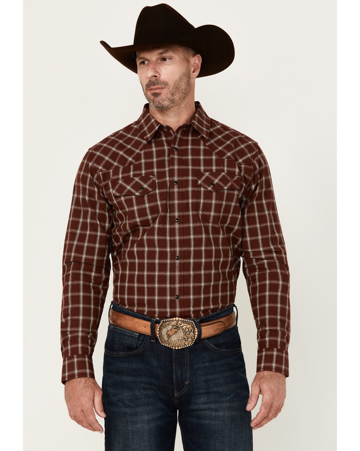 Blue Ranchwear Men's Elk Plaid Print Long Sleeve Snap Western Shirt, Dark Brown, hi-res