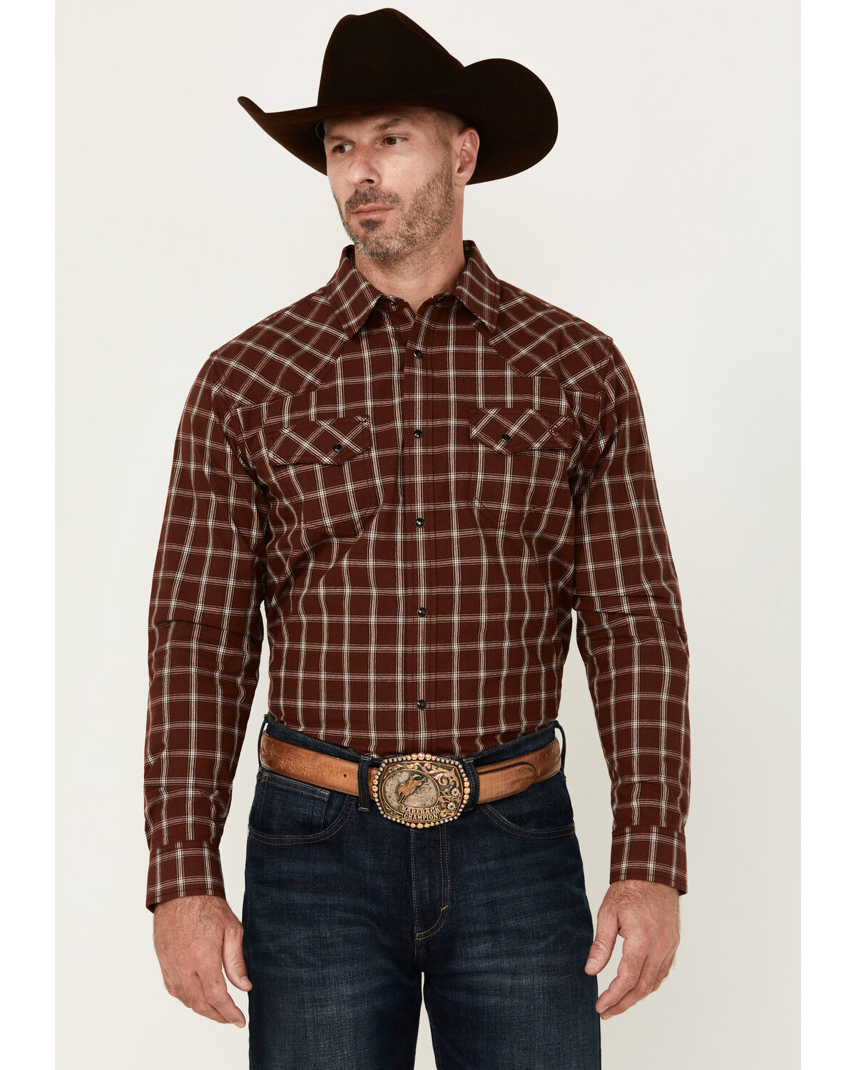 Image #1 - Blue Ranchwear Men's Elk Plaid Print Long Sleeve Snap Western Shirt, Dark Brown, hi-res