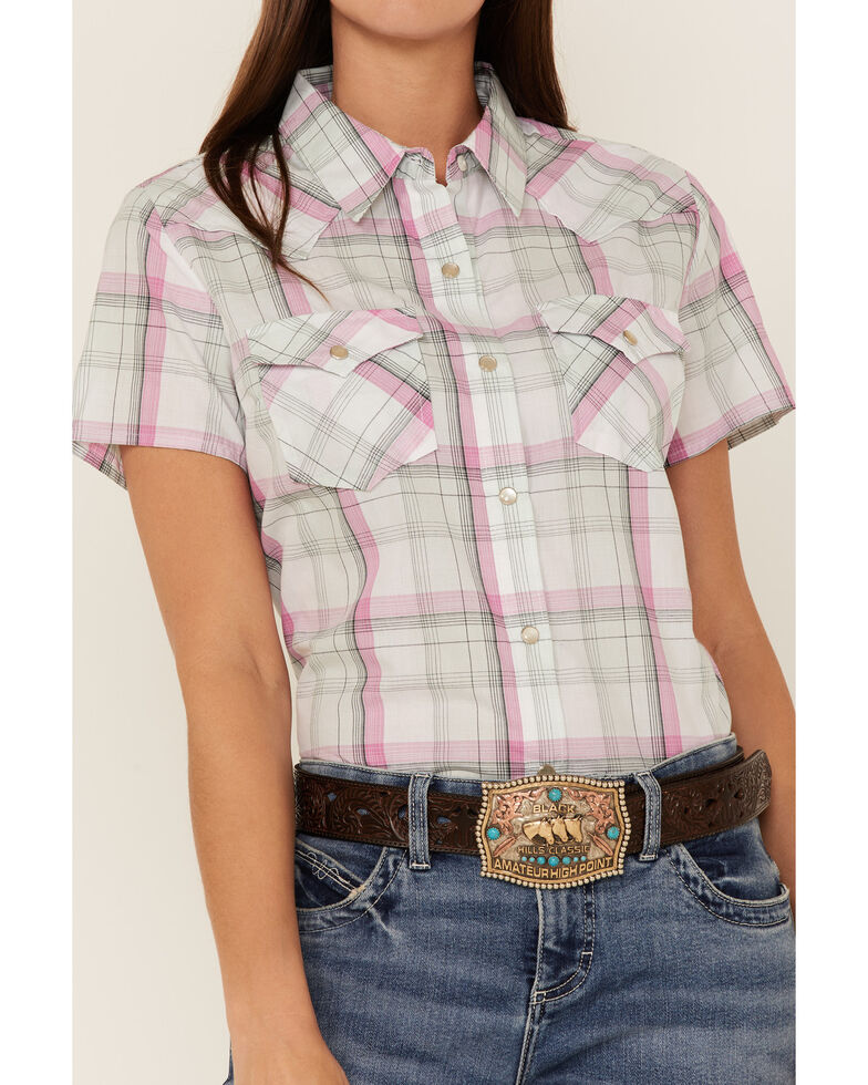Wrangler Women's Essential Plaid Print Short Sleeve Snap Western Shirt, Pink, hi-res