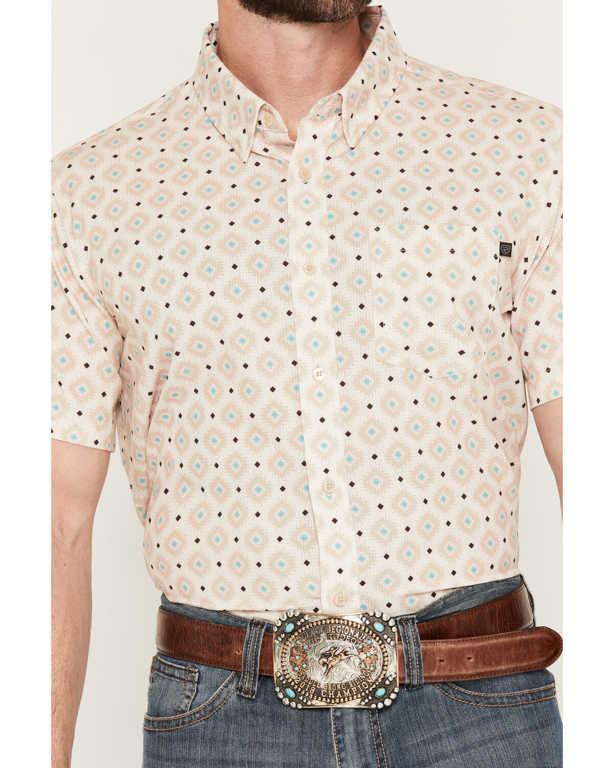 Image #3 - Rock & Roll Denim Men's TEK Medallion Print Short Sleeve Button-Down Performance Western Shirt, Natural, hi-res