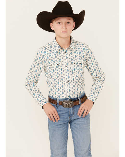 Image #1 - Cody James Men's Geo Print Long Sleeve Snap Western Shirt, Ivory, hi-res