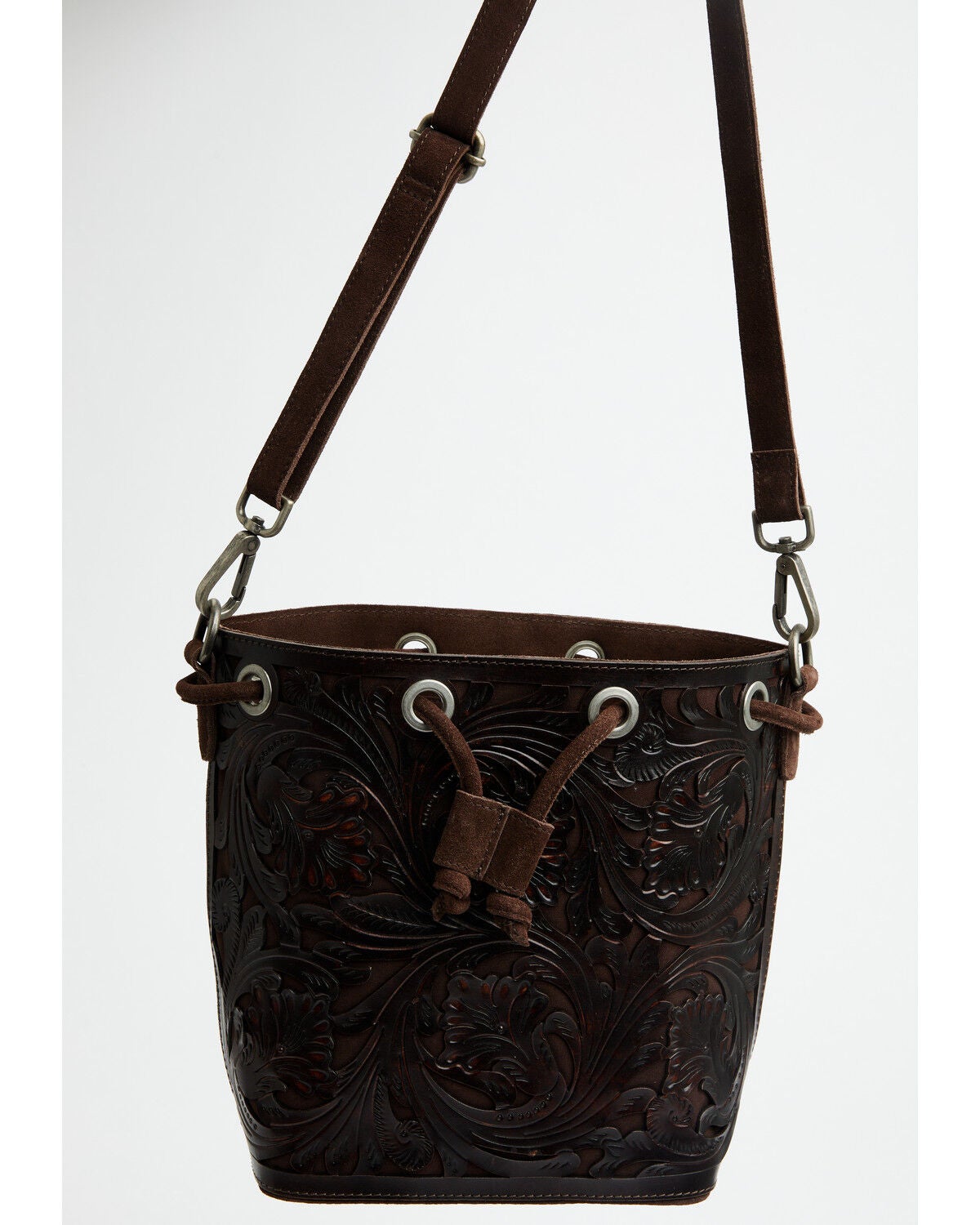 Image #3 - Shyanne Women's Palmer Tooled Leather Crossbody Bucket Bag, Brown, hi-res