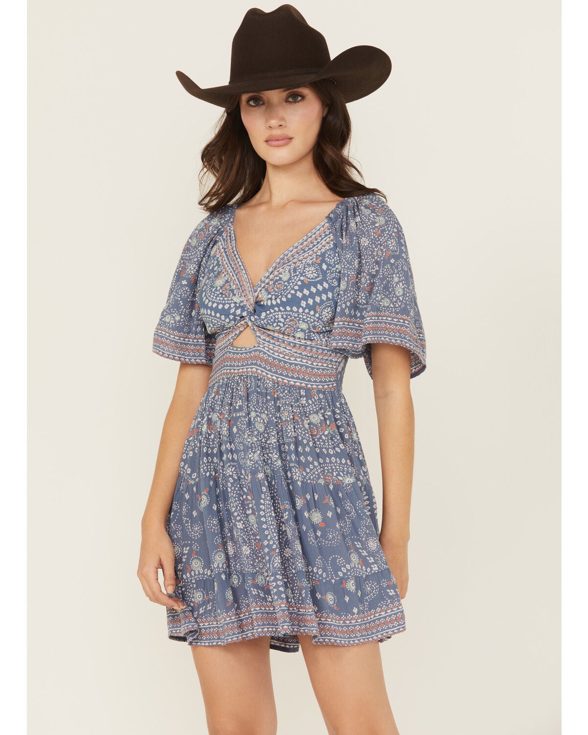 Angie Women's Border Print Knot Front Mini Dress, Blue, hi-res