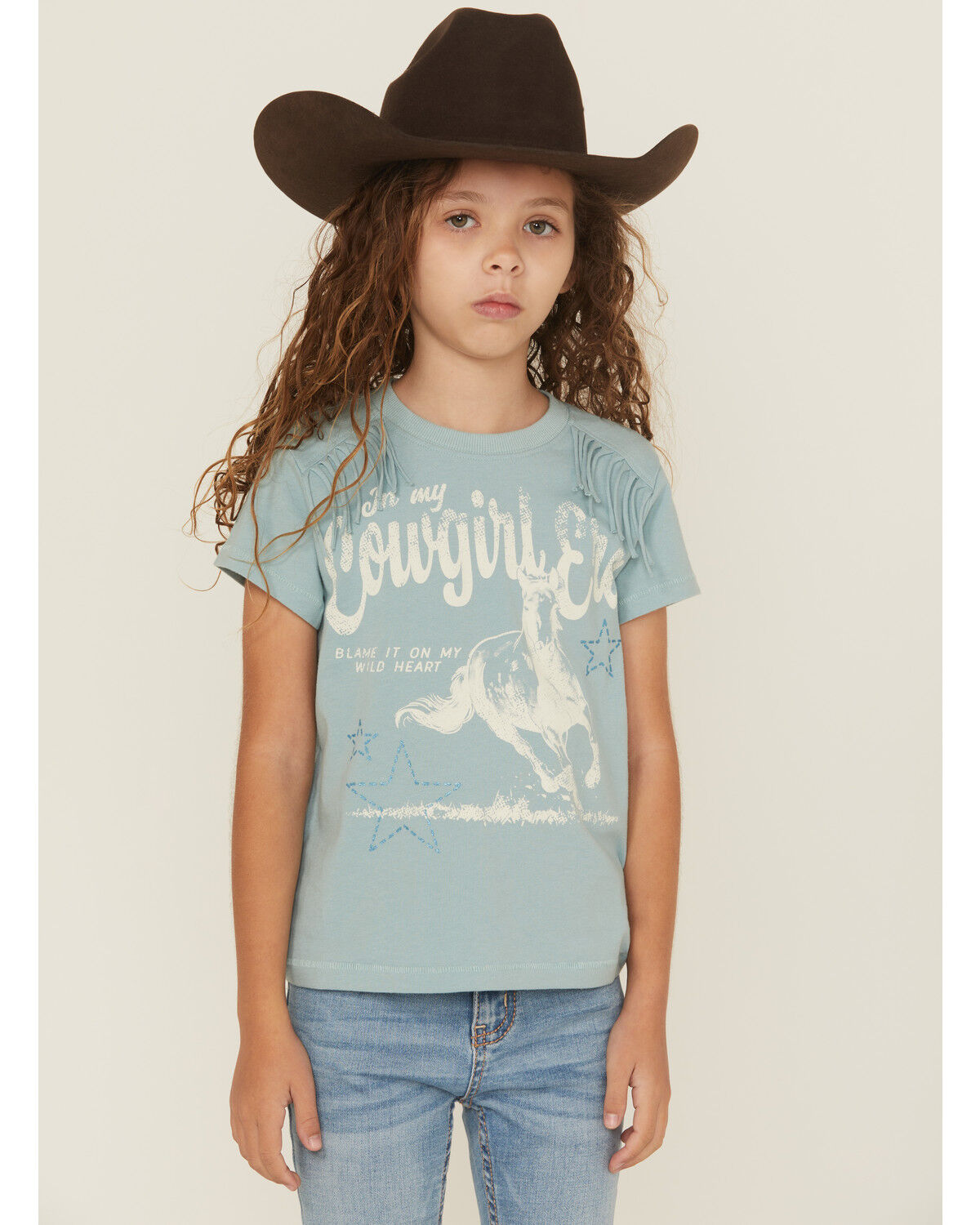 Image #1 - Shyanne Girls' Cowgirl Era Fringe Short Sleeve Graphic Tee, Aqua, hi-res