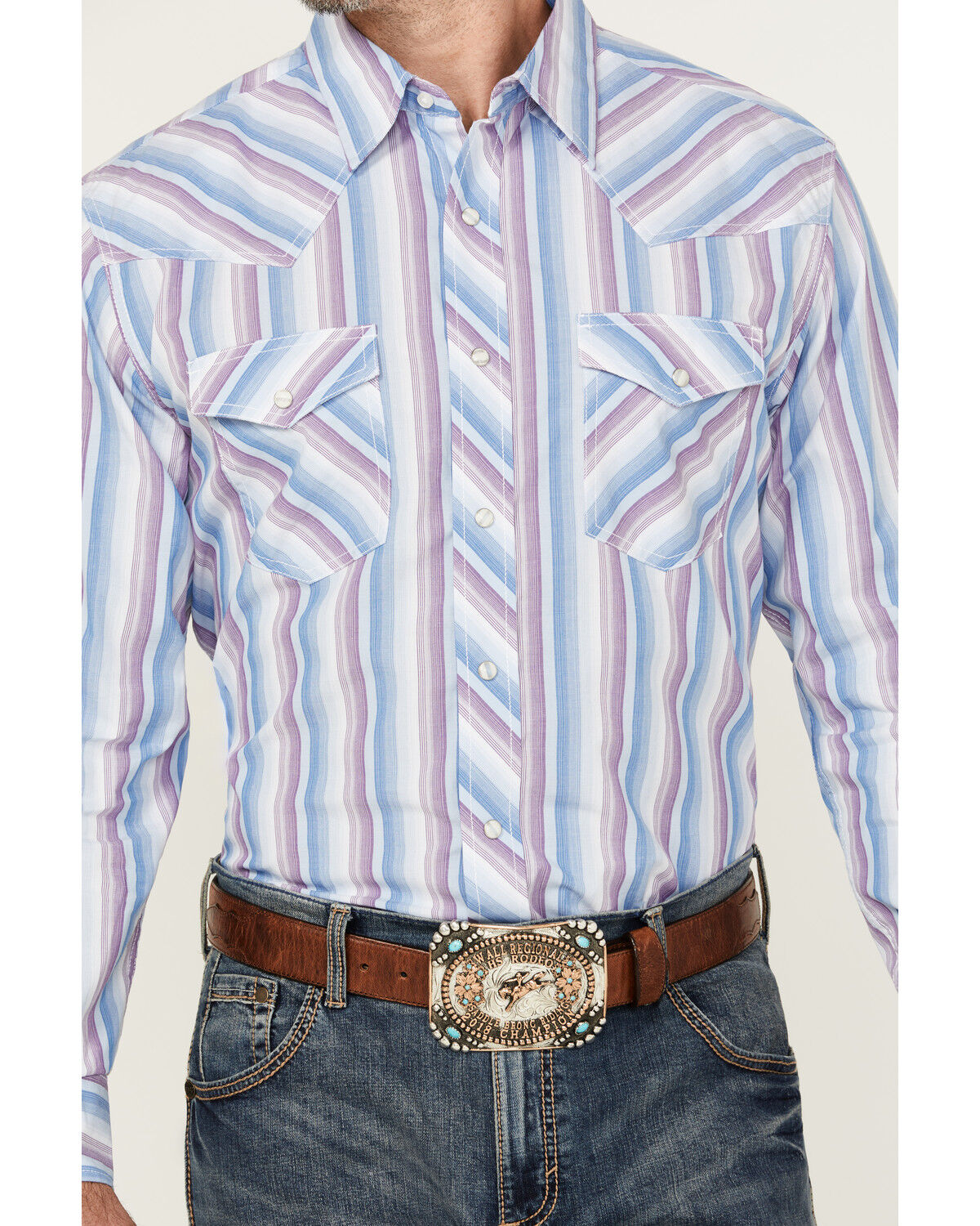 Image #3 - Wrangler 20X Men's Striped Print Long Sleeve Snap Stretch Western Shirt, Blue, hi-res