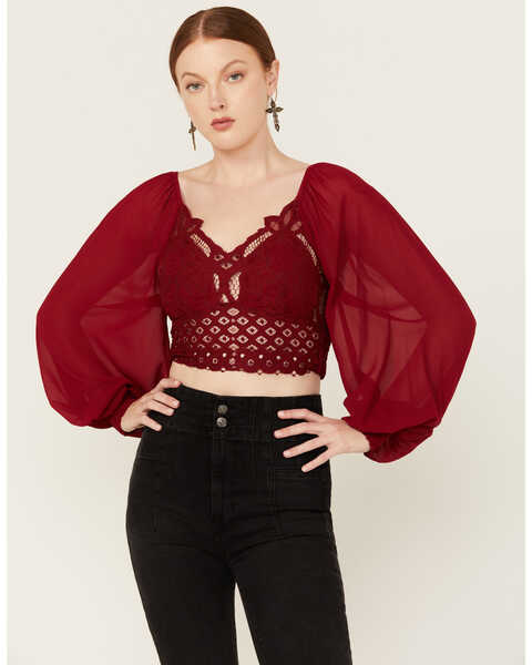 Image #1 - Flying Tomato Women's Crochet Front Long Sleeve Top , Red, hi-res