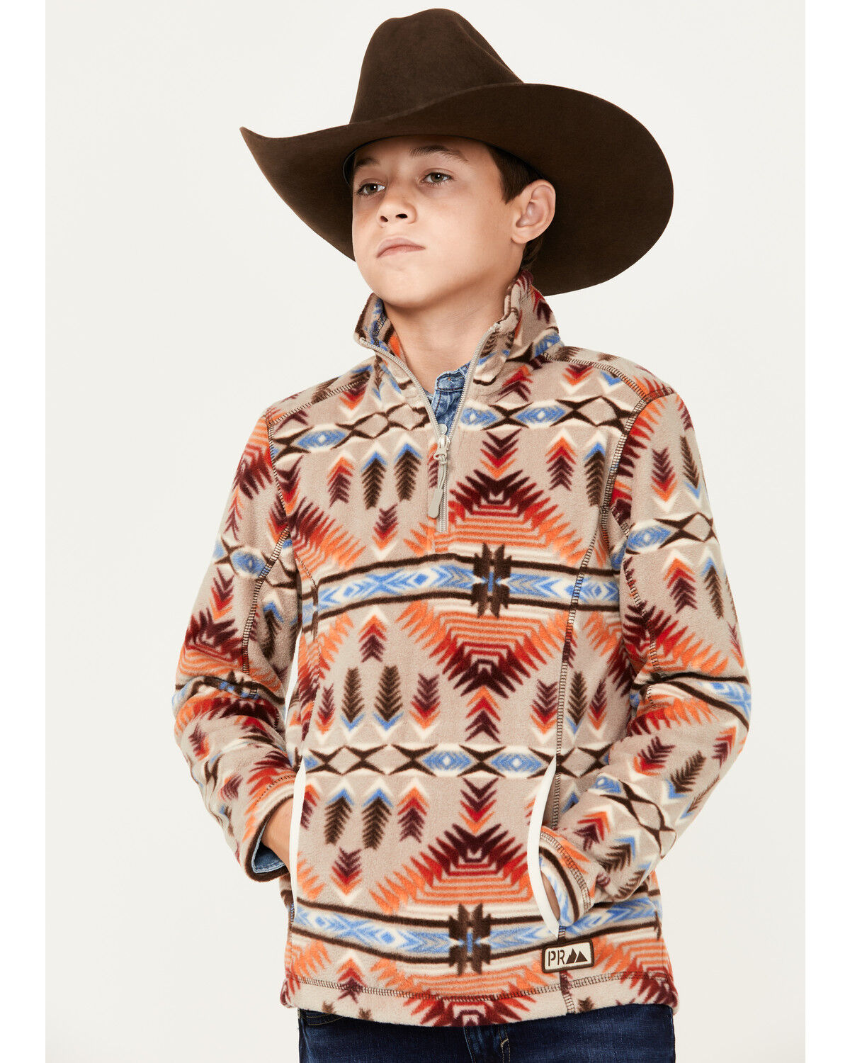 Image #1 - Powder River Outfitters Boys' Southwestern Print Fleece Pullover, Tan, hi-res