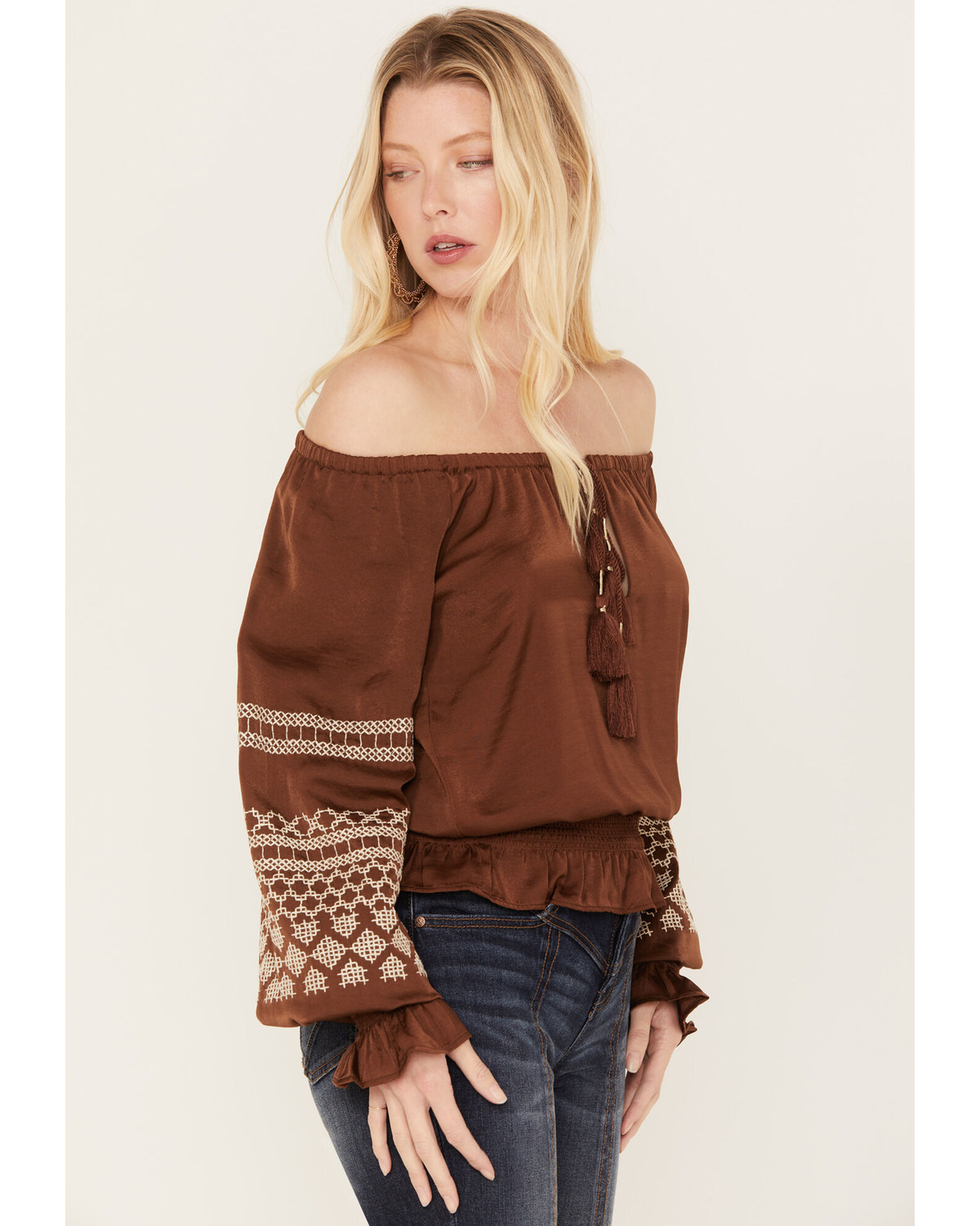 Image #2 - Shyanne Women's Satin Peasant Embroidered Blouse, Dark Brown, hi-res