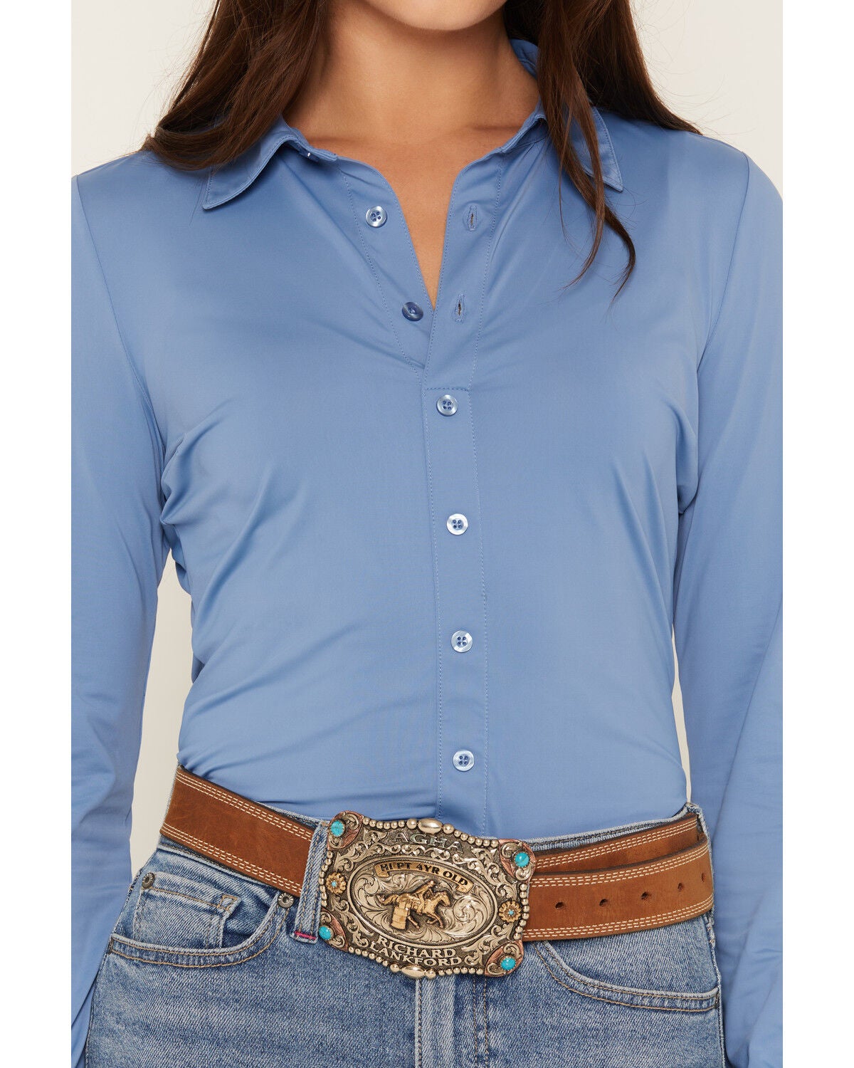 Image #3 - Idyllwind Women's Solid Long Sleeve Pullover Western Riding Shirt, Steel, hi-res