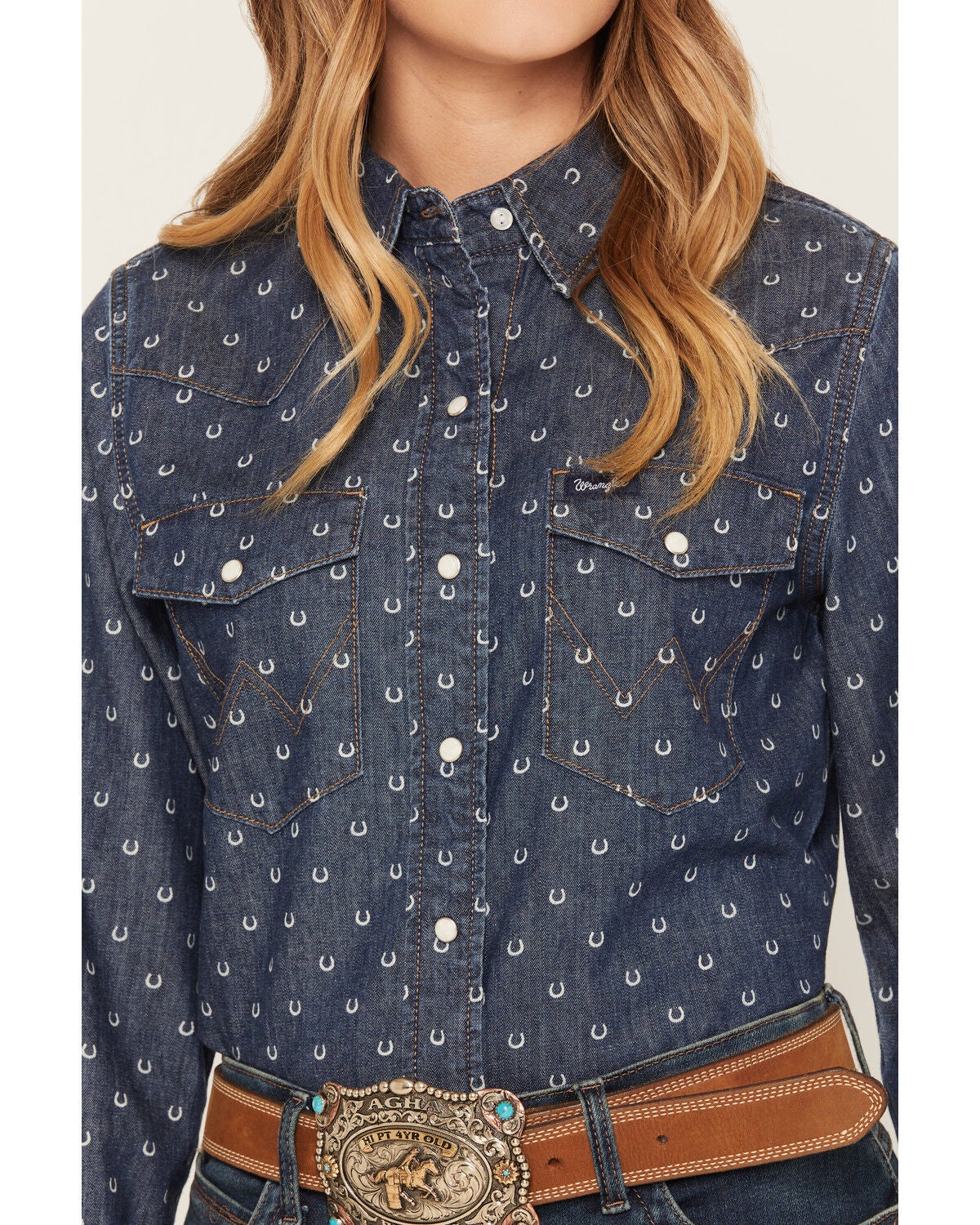 Image #3 - Wrangler Retro Women's Dark Wash Horseshoe Print Denim Long Sleeve Snap Western Shirt, Dark Wash, hi-res