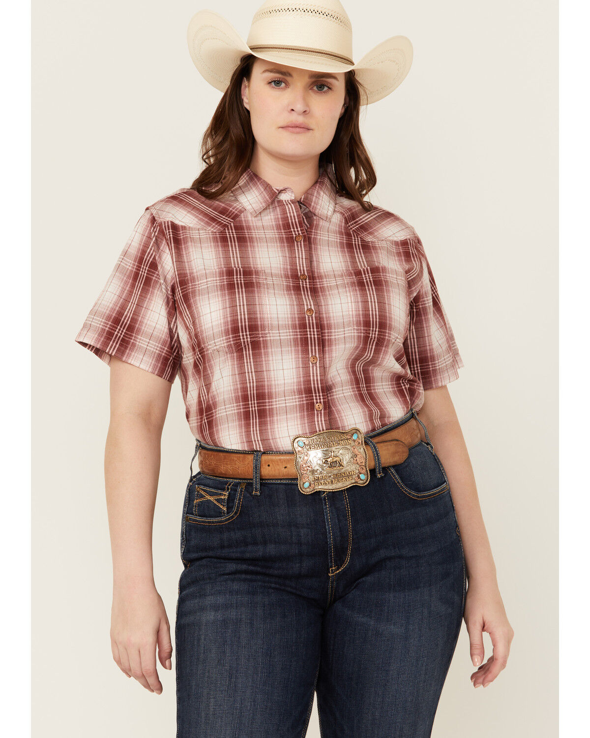 Image #1 - Ariat Women's Billie Jean Plaid Print Short Sleeve Button-Down Western Shirt - Plus, Rust Copper, hi-res