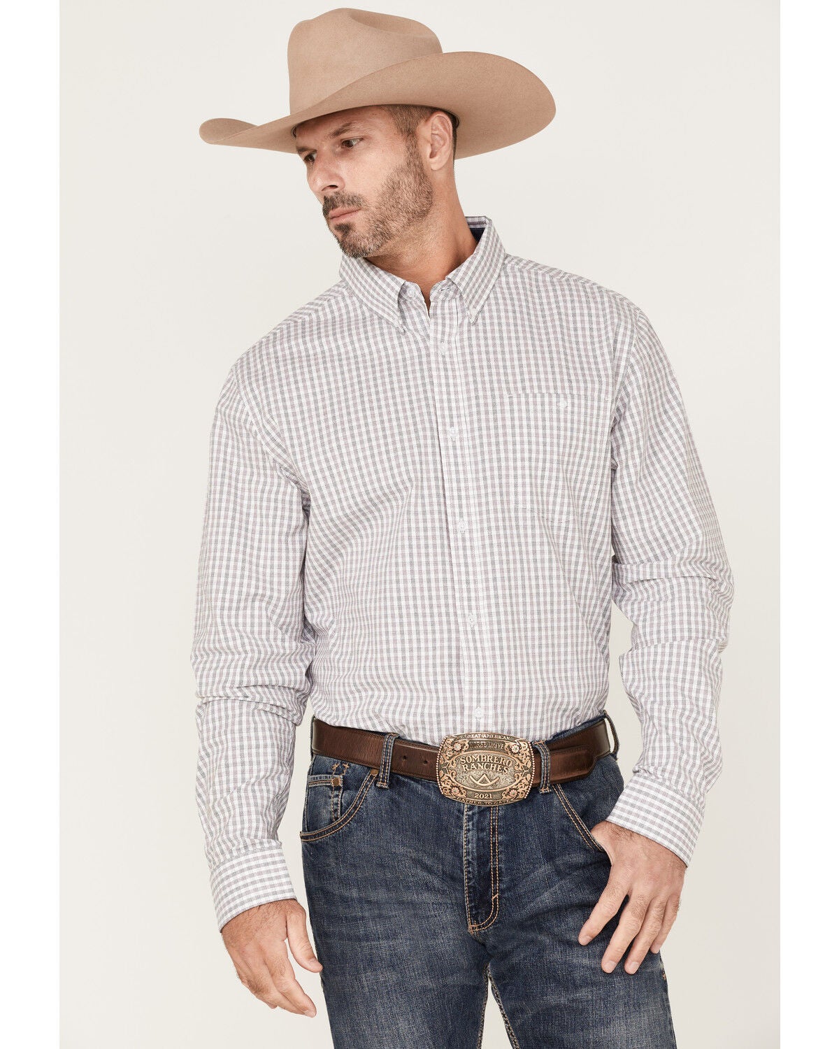 RANK 45&reg; Men's Fishing Small Plaid Print Long Sleeve Button-Down Western Shirt, White, hi-res