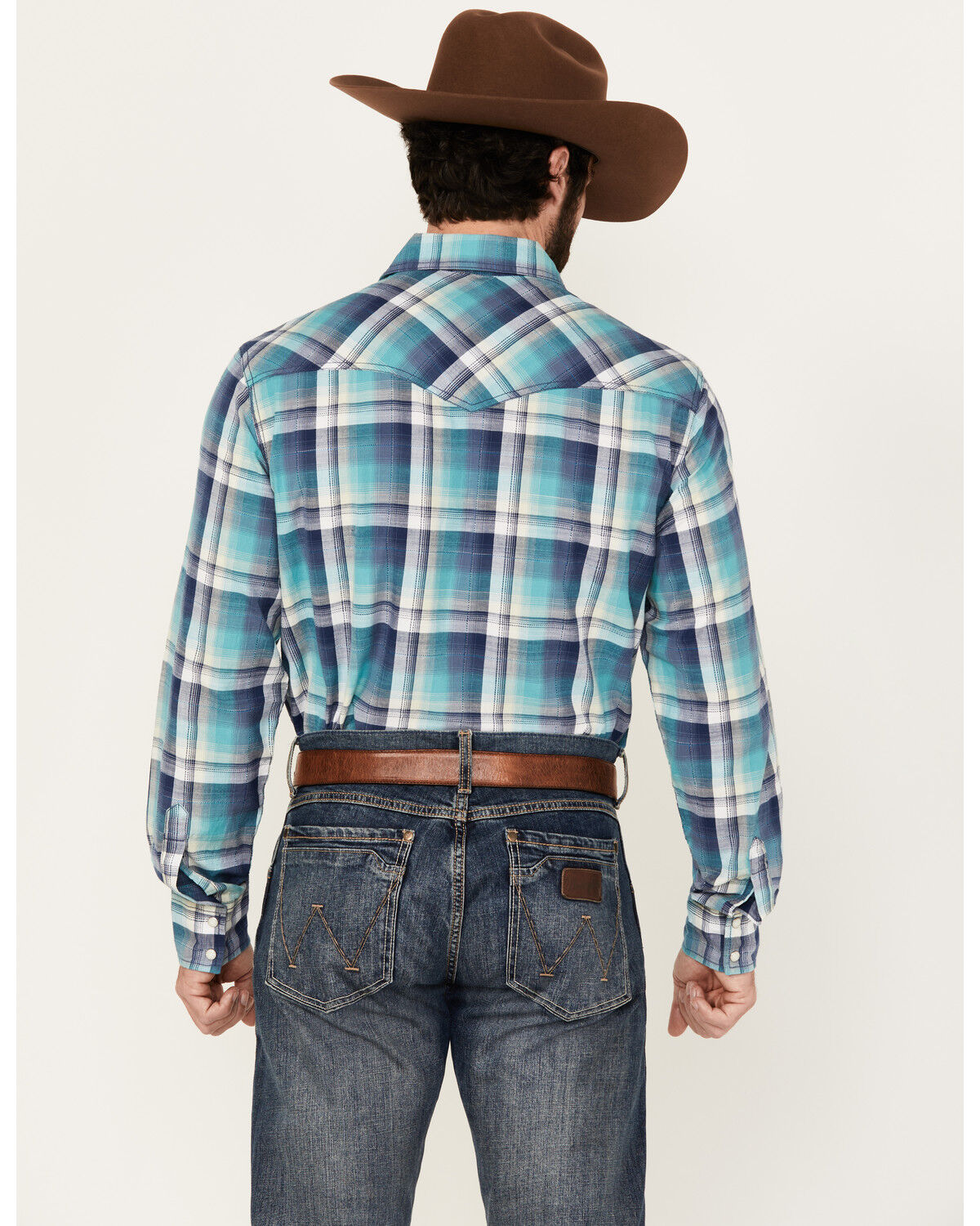 Image #4 - Wrangler Retro Men's Plaid Print Long Sleeve Snap Western Shirt, Teal, hi-res