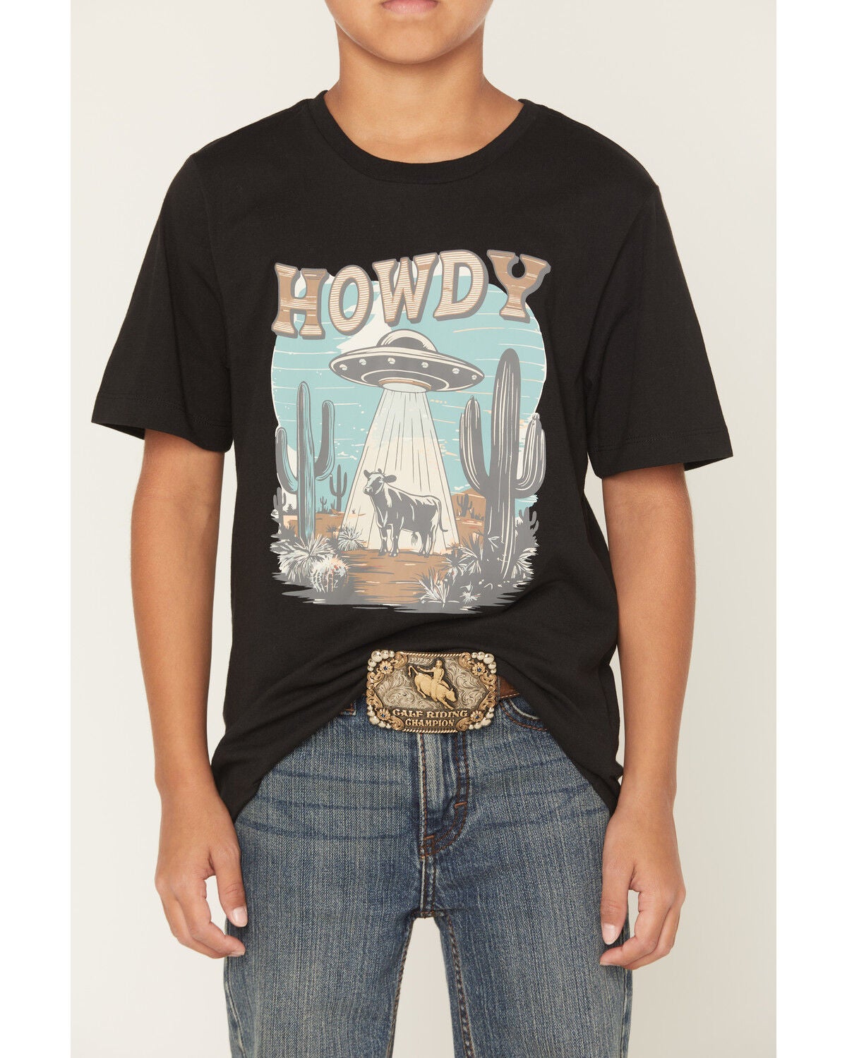 Image #3 - Sable Sky Boys' Howdy Space Cow Short Sleeve Graphic T-Shirt, Black, hi-res