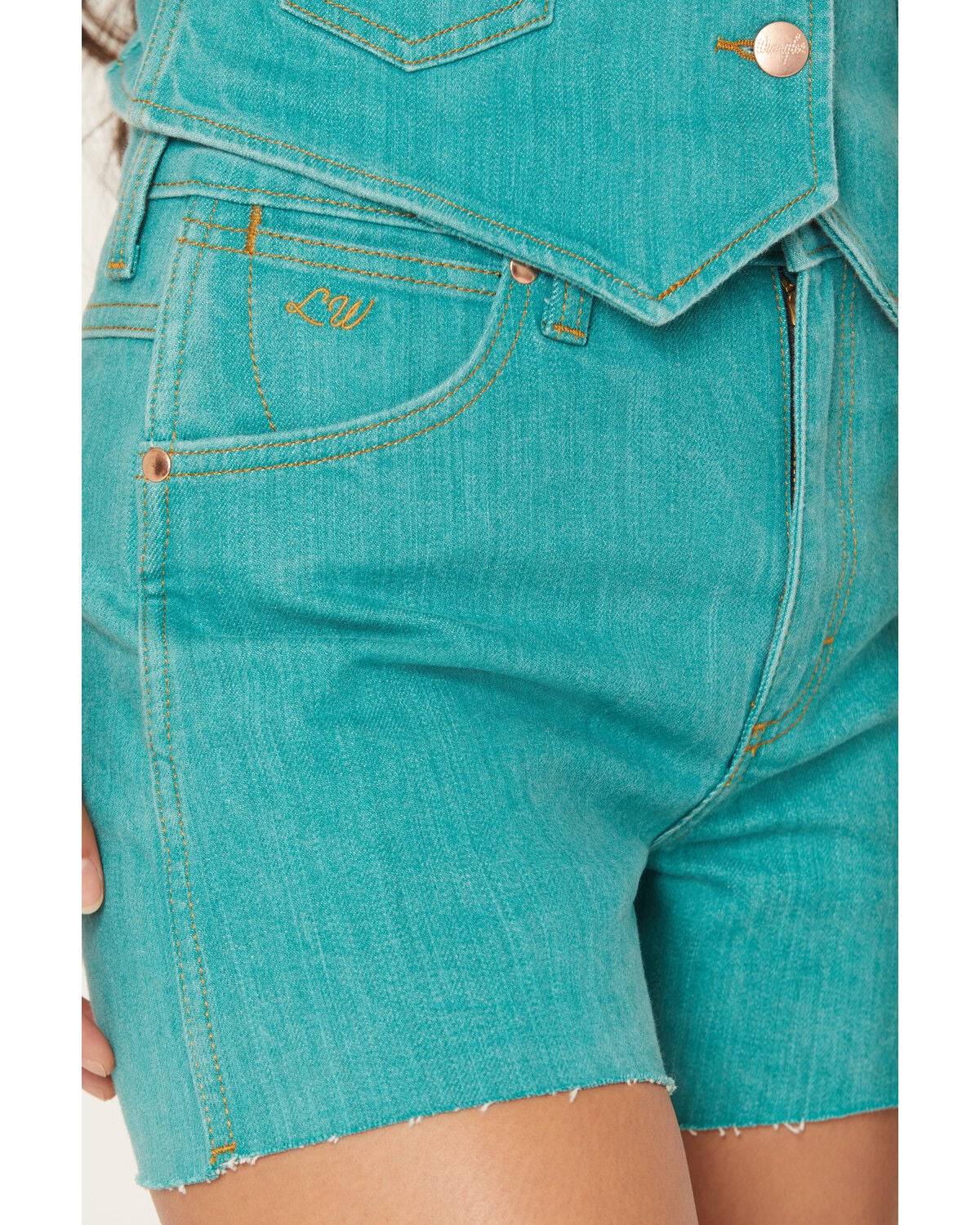 Image #2 - Wrangler X Lainey Wilson Women's High Rise Denim Shorts, Multi, hi-res