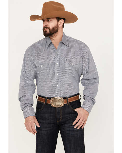 Stetson Men's Geo Print Long Sleeve Western Pearl Snap Shirt, Dark Blue, hi-res