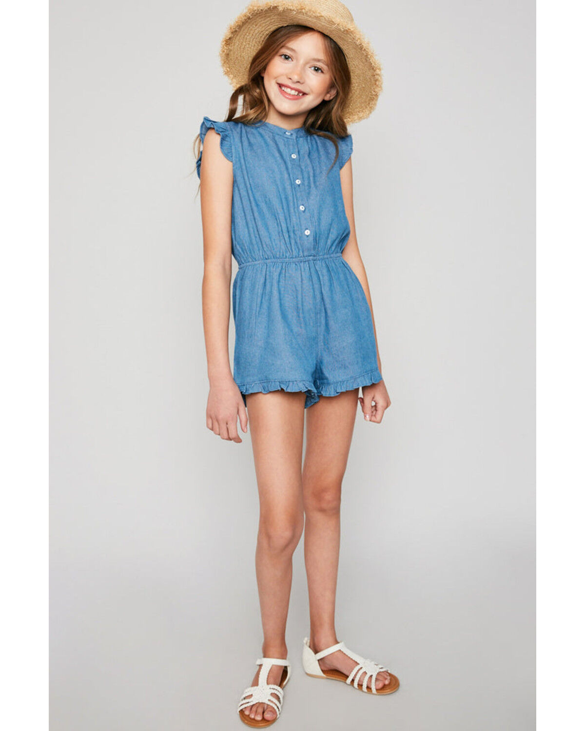 Image #1 - Hayden Girls' Button Down Denim Romper, Blue, hi-res