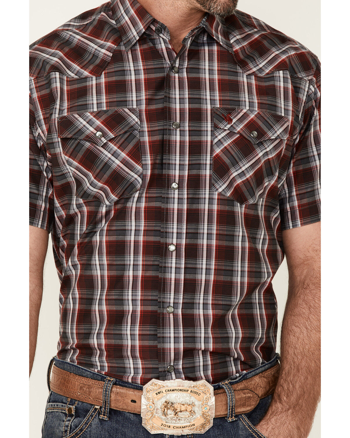 Image #3 - Rodeo Clothing Men's Red & Grey Plaid Short Sleeve Snap Western Shirt, Red, hi-res