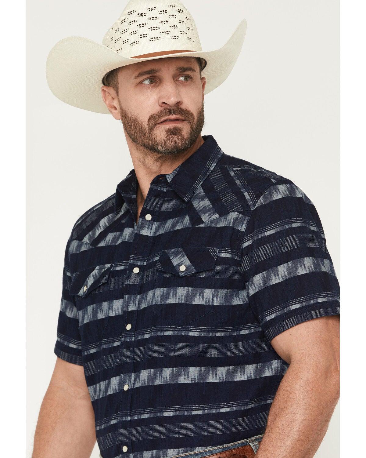 Image #2 - Cody James Men's Ikat Striped Short Sleeve Pearl Snap Western Shirt, Indigo, hi-res