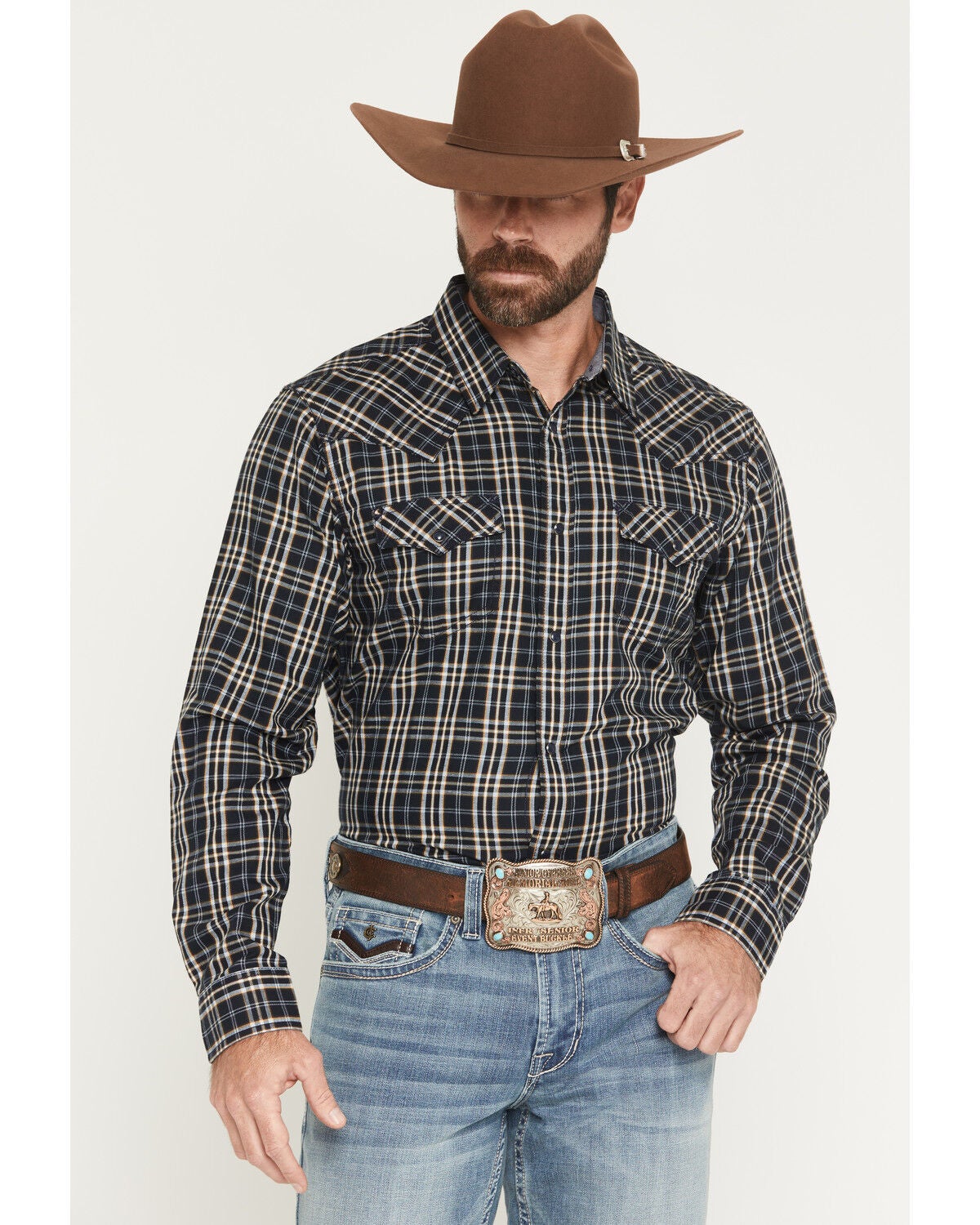 Image #1 - Cody James Men's Warriors Way Plaid Print Long Sleeve Snap Western Shirt, Dark Blue, hi-res