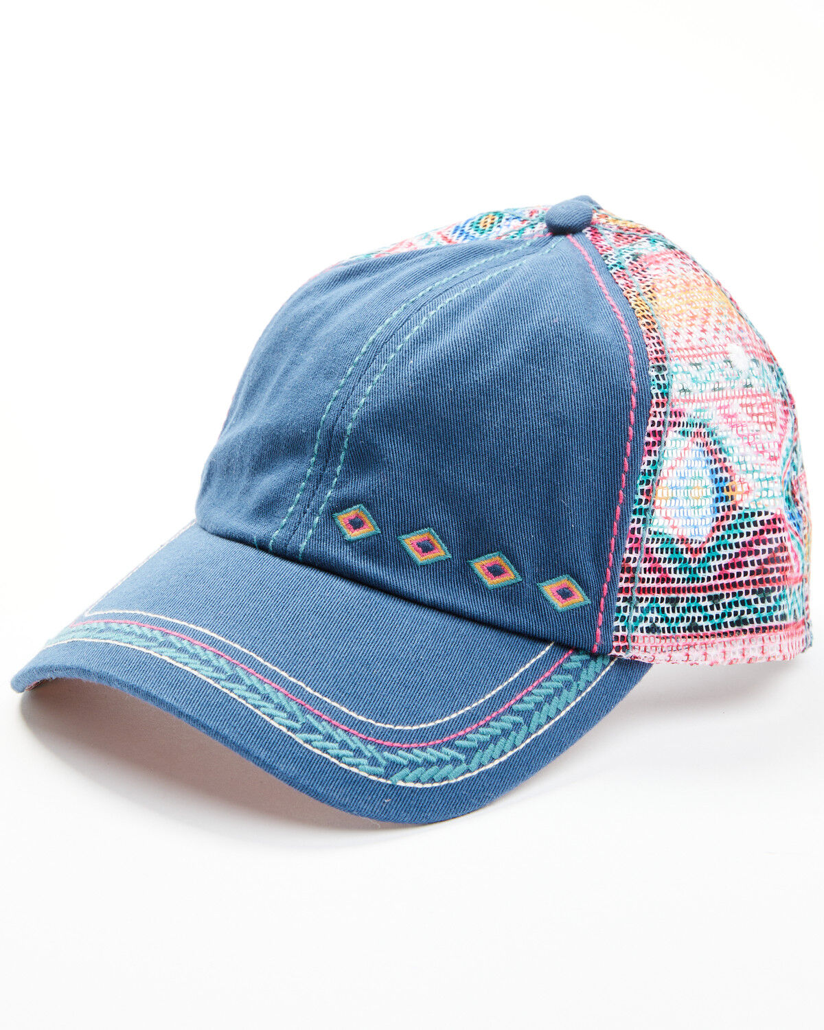 Image #1 - Catchfly Women's Southwestern Print Ponytail Ball Cap, Blue, hi-res