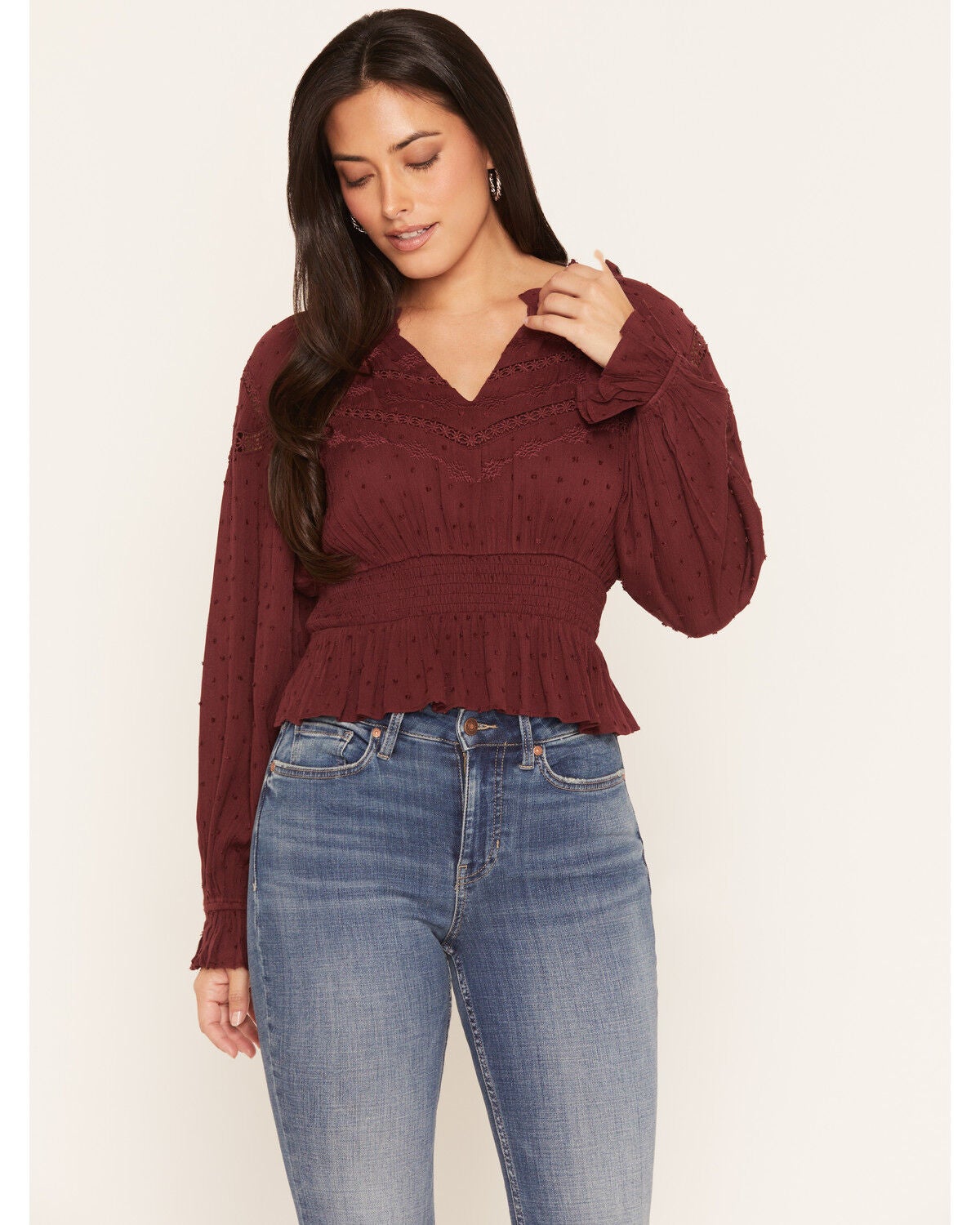 Image #1 - Miss Me Women's Smocked Waist Long Sleeve Blouse, Burgundy, hi-res