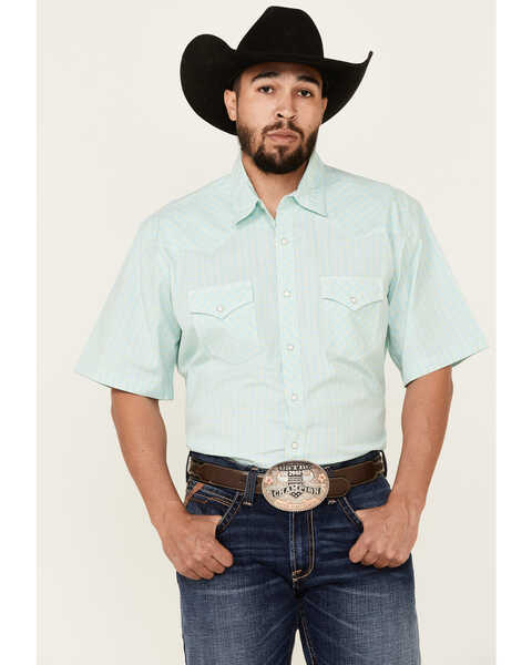 Wrangler 20X Men's Small Plaid Print Short Sleeve Snap Western Shirt , Teal, hi-res