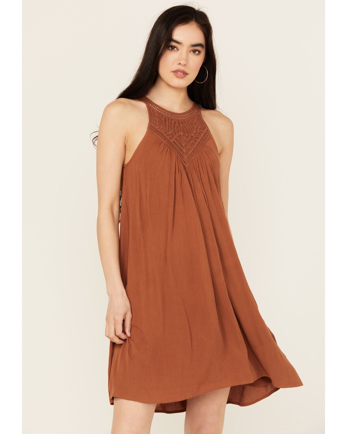 Shyanne Women's Crochet Yoke Crinkle Mini Dress, Caramel, hi-res