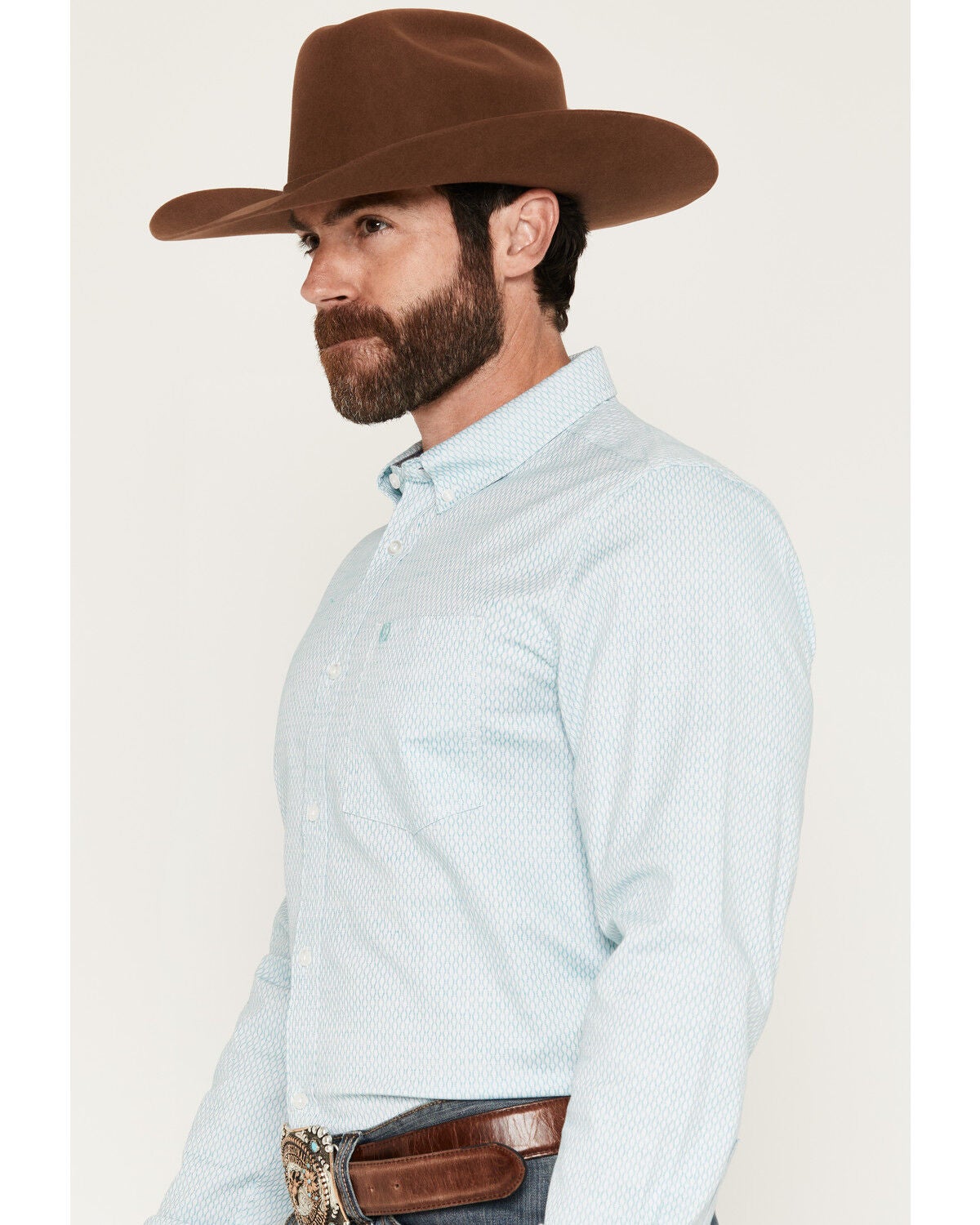 Image #2 - Cody James Men's Trophy Geo Print Long Sleeve Button-Down Stretch Western Shirt, Teal, hi-res
