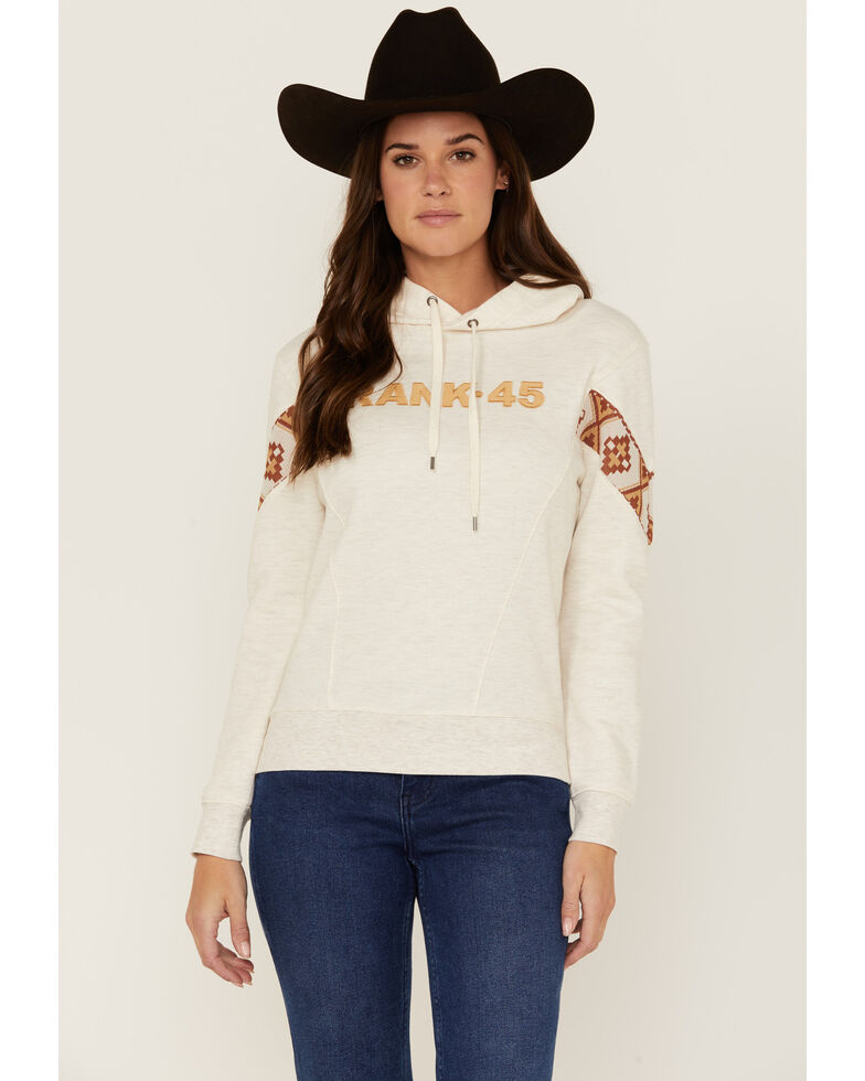 Rank 45 Women's Logo Southwestern Sleeve Trim Pulllover Hooded Sweatshirt, Oatmeal, hi-res