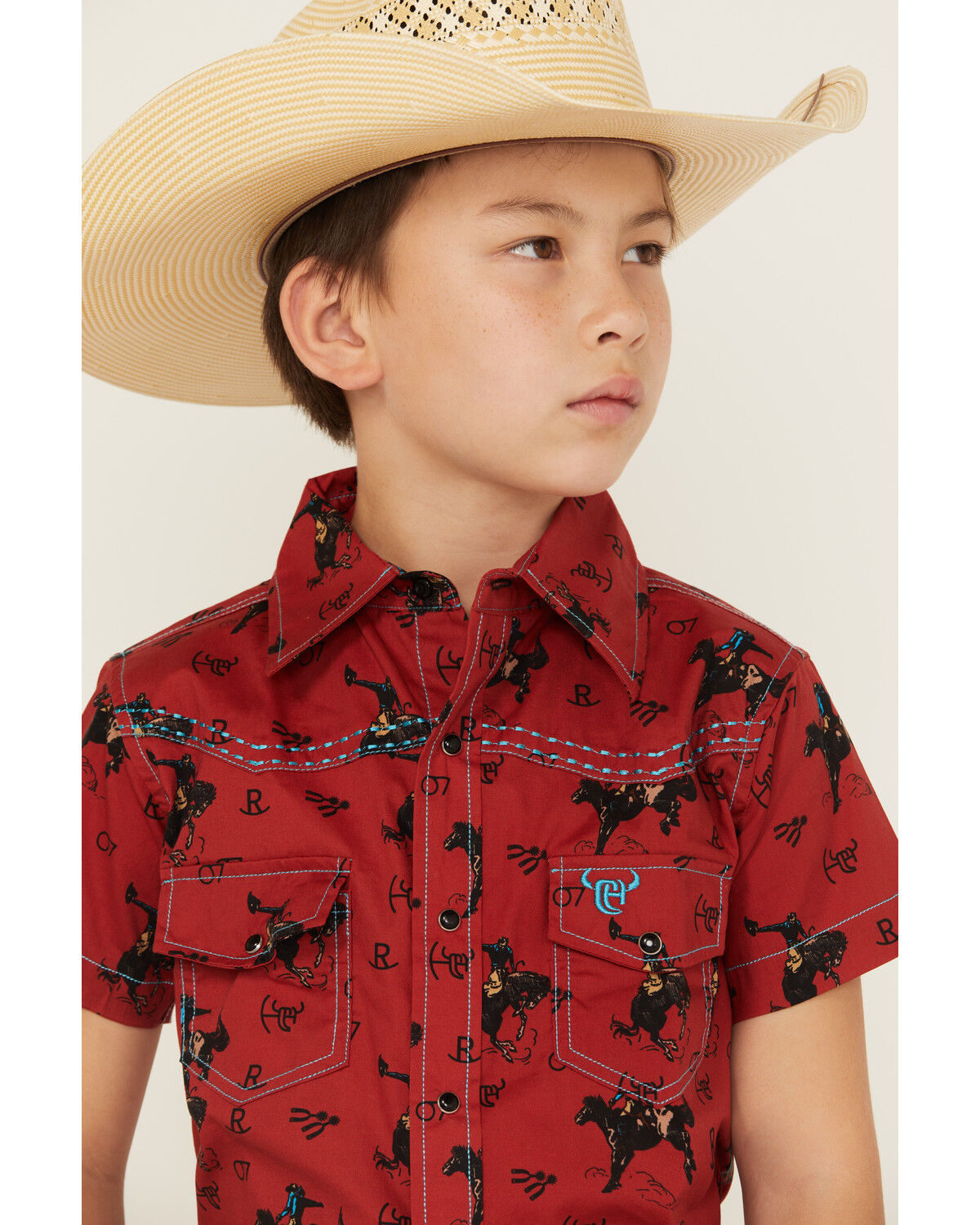 Image #2 - Cowboy Hardware Boys' Bronc Print Short Sleeve Snap Stretch Western Shirt, Brown, hi-res