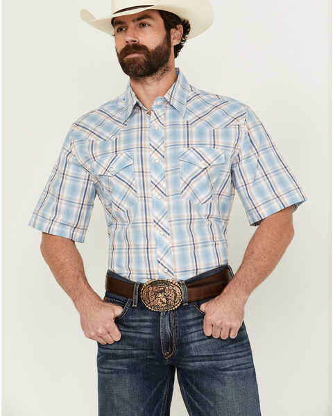 Image #1 - Wrangler 20X Men's Advanced Comfort Plaid Print Short Sleeve Snap Stretch Western Shirt , Blue, hi-res