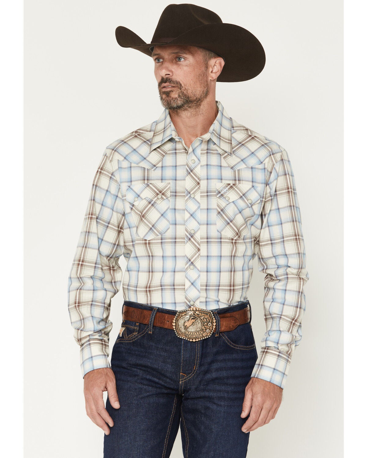 Wrangler Retro Men's Plaid Print Long Sleeve Snap Western Shirt, Blue, hi-res